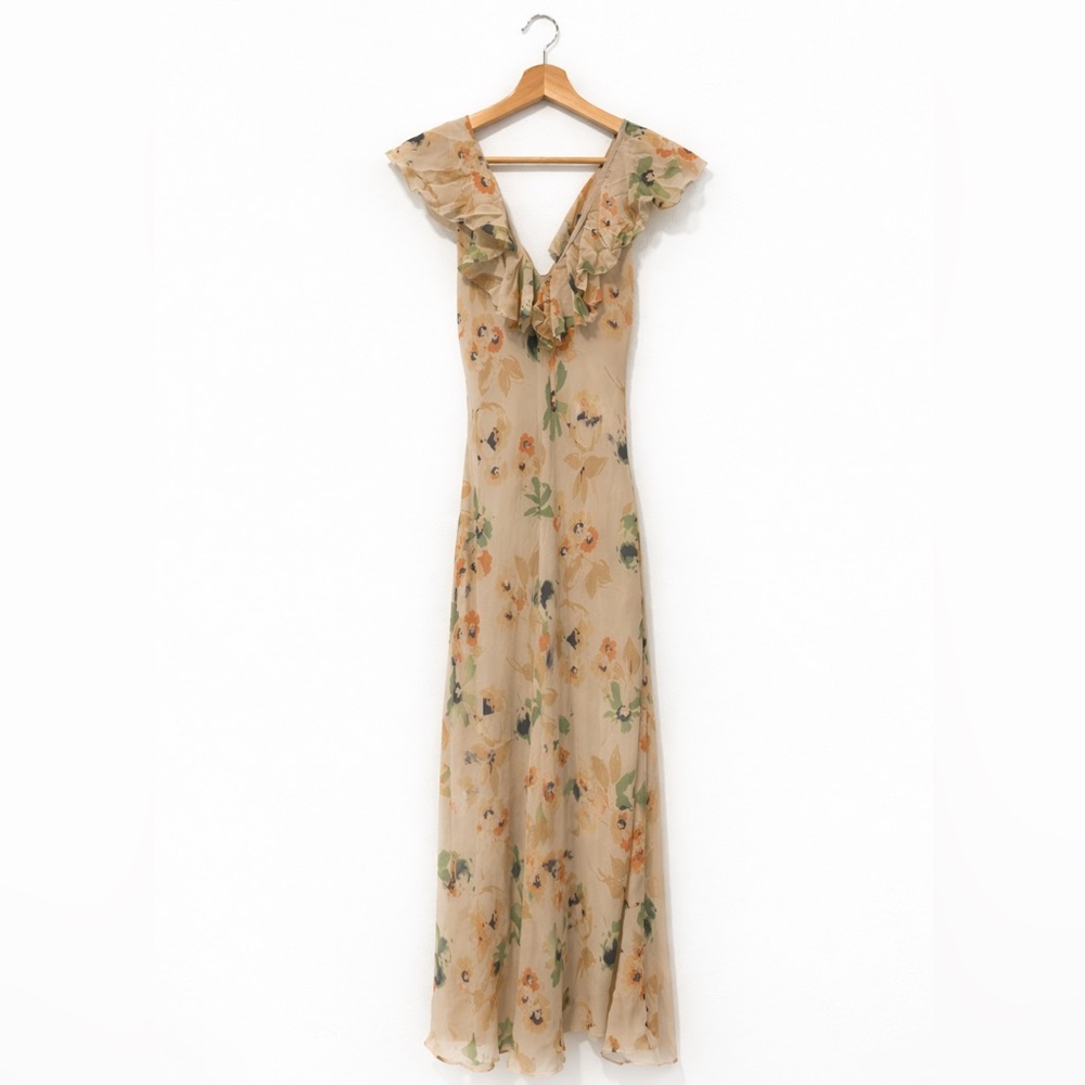 Polo Ralph Lauren 100% Silk Floral Ruffle V Neckline Beige Maxi Dress Size 6 - Picture 2 of 6